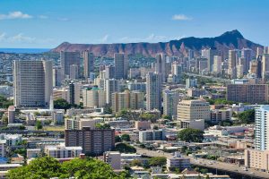 Honolulu with mountains and ocean in the background