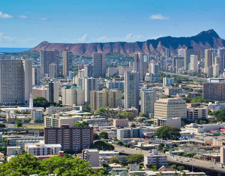 Honolulu with mountains and ocean in the background