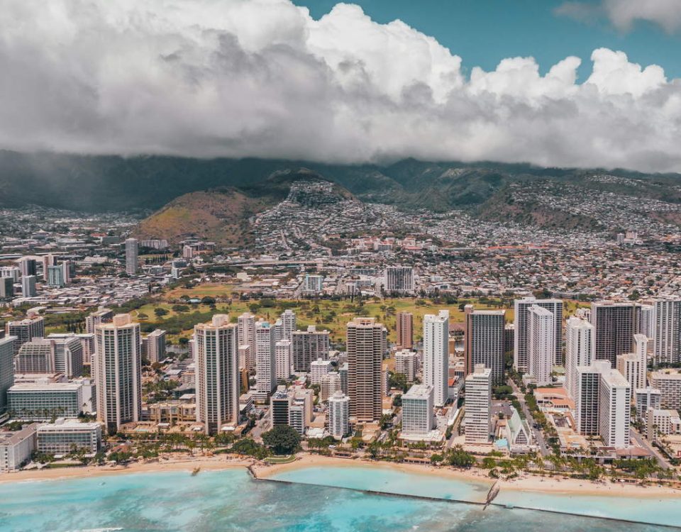 Honolulu with clouds and mountains in the background